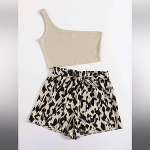 Matching single strap crop top and matching leopard shorts